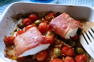 Hake, cherry tomato, & anchovy-stuffed green olive roast Hake, cherry tomato, & anchovy-stuffed green olive roast