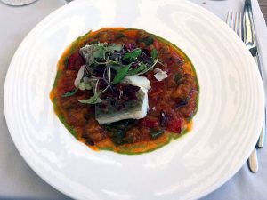 Confit of cod on a bed of samfaina, La Mar Salada, Barcelona.