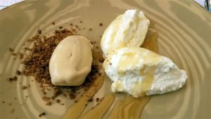 Curd cheese mousse, rosemary ice cream, honey, La Mar Salada, Barcelona.