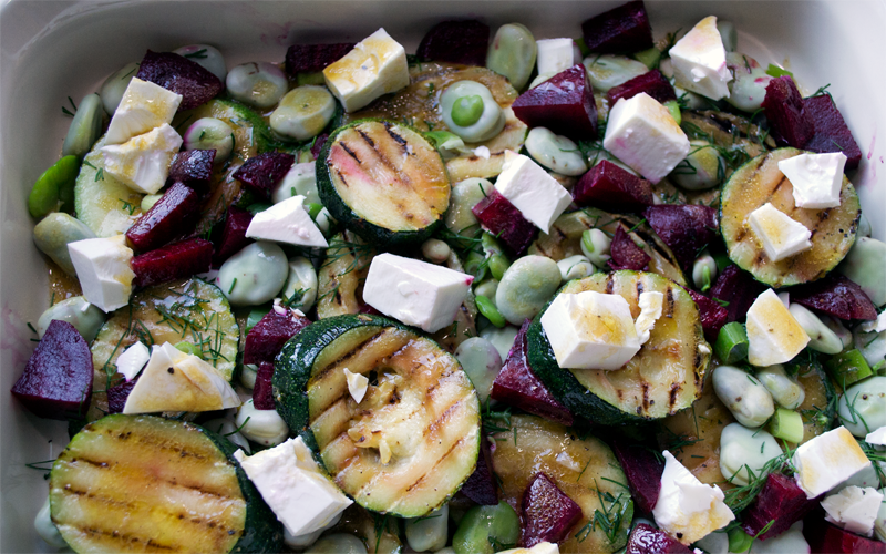 Recipe - courgette (zuchinni), broad bean, feta and beetroot salad