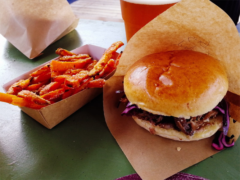 Pulled duck burger and sweet potato fries from Miss Piggi, Reffen, Copenhagen.
